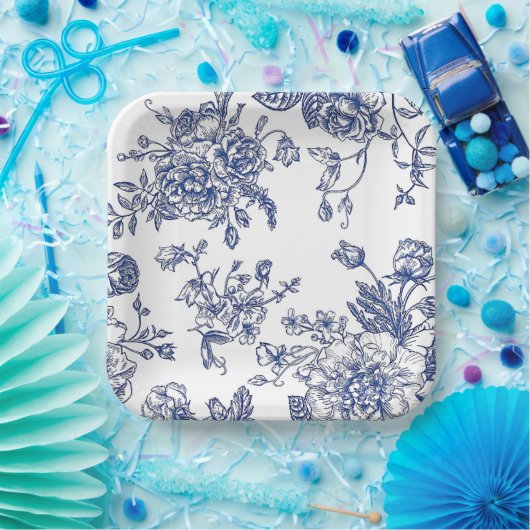 Blauw en wit  bloemenvierkant papier bord (Feest)