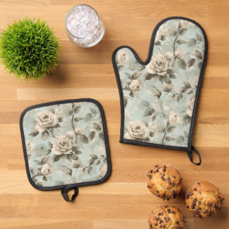 Blauw en wit bloemig shabby chic ovenwant & pannenlap set