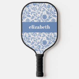 Blauw en wit bloemmotief Aangepaste naam Botanisch Pickleball Paddle