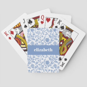 Blauw en Wit Bloemmotief Aangepaste Naam Botanisch Pokerkaarten