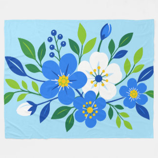 Blauw en wit bloemmotief botanische illustratie fleece deken