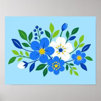 Blauw en wit bloemmotief botanische illustratie poster