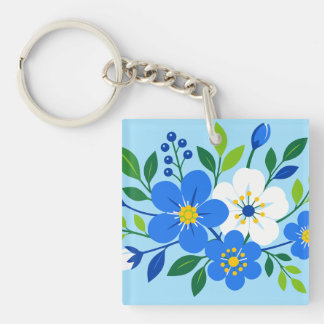 Blauw en wit bloemmotief botanische illustratie sleutelhanger
