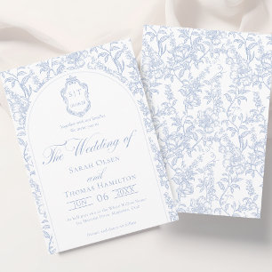 Blauw en wit bloemmotief chinoiserie monogram brui kaart