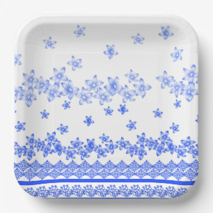 Blauw en wit bloemmotief, papieren bordje