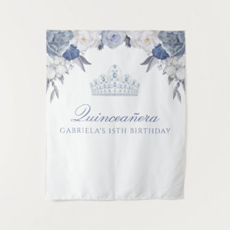 Blauw en wit bloemmotief | Quinceanera achtergrond Wandkleed
