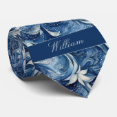 Blauw en Wit Bloemmotief Stropdas (Opgerold)