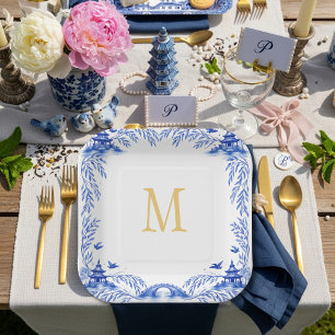 Blauw en wit bloemmotief wilg tegel monogram papieren bordje
