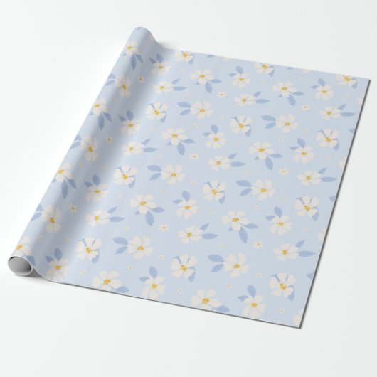 Blauw- en wit bloempatroon cadeaupapier (Uitgerold)