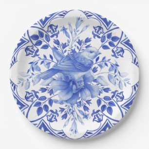 Blauw en wit bloempatroon met vogel papieren bordje