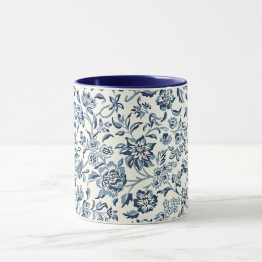  blauw en wit bloempatroon mok (Midden)