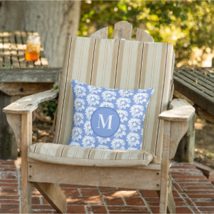 Blauw en wit Bloempatroon Zomer Monogram Buitenkussen