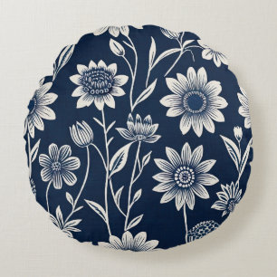 blauw en wit - Blok print-stijl boho floral Rond Kussen