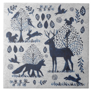 blauw en wit bos Dier Fox Rabbit Ce Tegeltje
