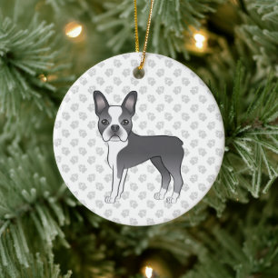 Blauw en wit Boston Terrier Cartoon hond & poten Keramisch Ornament