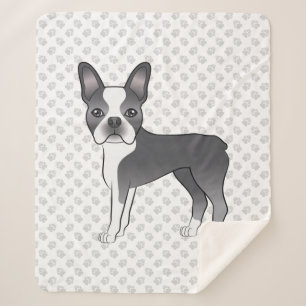 Blauw en wit Boston Terrier Cartoon hond & poten Sherpa Deken