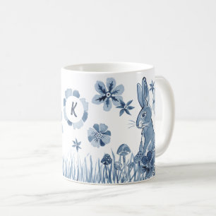 Blauw en wit bunny Flowers Monogram Paaskonijn Koffiemok