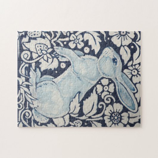 Blauw en wit Bunny Rabbit en Flowers Monochrome Legpuzzel (Horizontaal)
