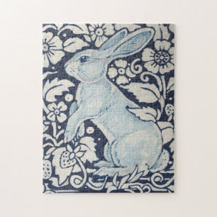 Blauw en wit Bunny Rabbit en Flowers Monochrome Legpuzzel