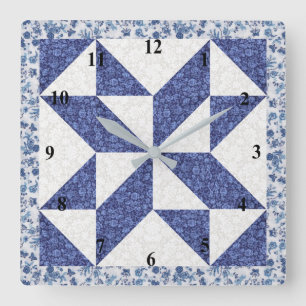 Blauw en wit calico namaak quilt vierkante klok