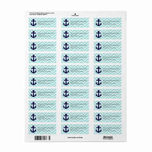 Blauw en wit Chevron nautisch anker Etiket (Full Sheet)