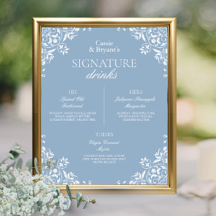 Blauw en wit Chic bruiloft Signature Drinken Poster