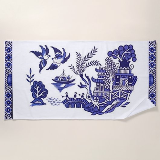 Blauw en wit China Blauw Willow Design Strandlaken (Voorkant)