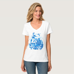 Blauw en wit China Blauw Willow Design V T-shirt