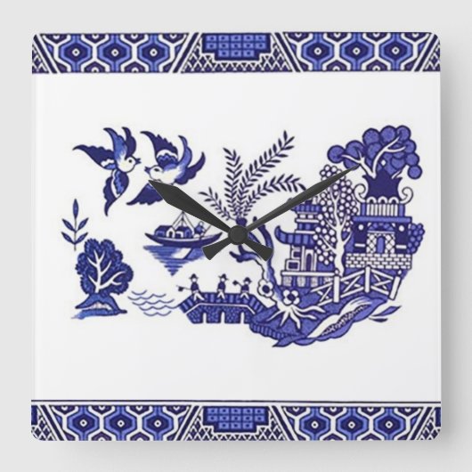 Blauw en wit China Blauw Willow Design Vierkante Klok (Voorkant)