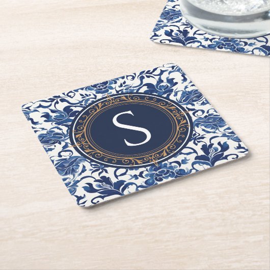 Blauw en wit Chinees bloemmotief monogram Vierkante Kartonnen Onderzetter (Schuin)