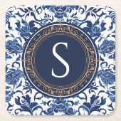 Blauw en wit Chinees bloemmotief monogram Vierkante Kartonnen Onderzetter (Voorkant)