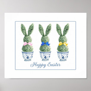 Blauw en wit Chinees porselein met konijn topiary Poster
