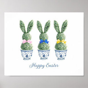Blauw en wit Chinees porselein met konijn topiary Poster