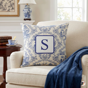 Blauw en wit Chinees toile met eigen monogram Kussen