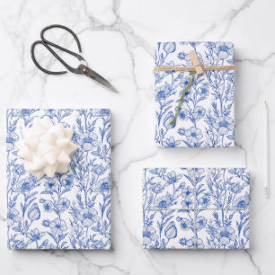 Blauw en wit Chinees wildbloemmotief Inpakpapier Vel