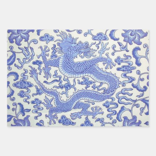 Blauw en Wit Chinese Dragon Bloemen Decoupage Inpakpapier Vel (Voorkant)
