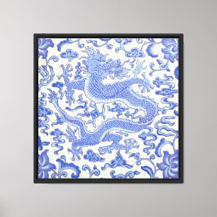 Blauw en wit Chinese Oosterse Draak Bloemen Canvas Afdruk