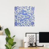 Blauw en wit Chinese Oosterse Draak Bloemen Poster (Thuiskantoor)