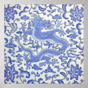 Blauw en wit Chinese Oosterse Draak Bloemen Poster