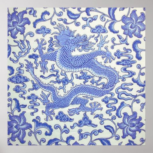 Blauw en wit Chinese Oosterse Draak Bloemen Poster (Voorkant)