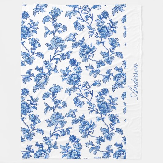 Blauw en Wit Chinoiserie Custom Name Fleece Deken (Voorkant)