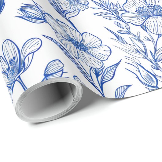 Blauw en wit Chinoiserie Floral Cadeaupapier (Rol Hoek)