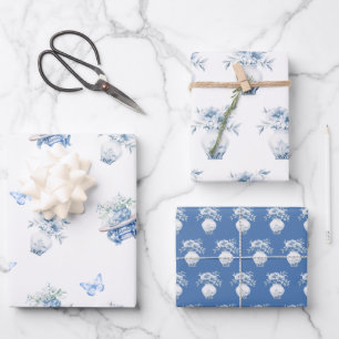 Blauw en wit Chinoiserie Floral Inpakpapier Vel
