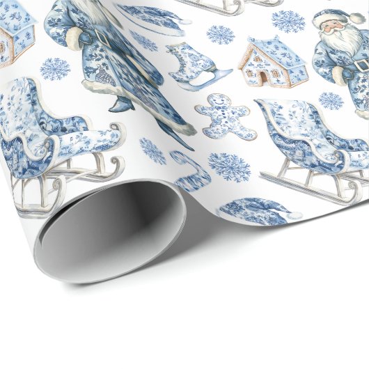 Blauw en wit Chinoiserie Kerstman Cadeaupapier (Rol Hoek)