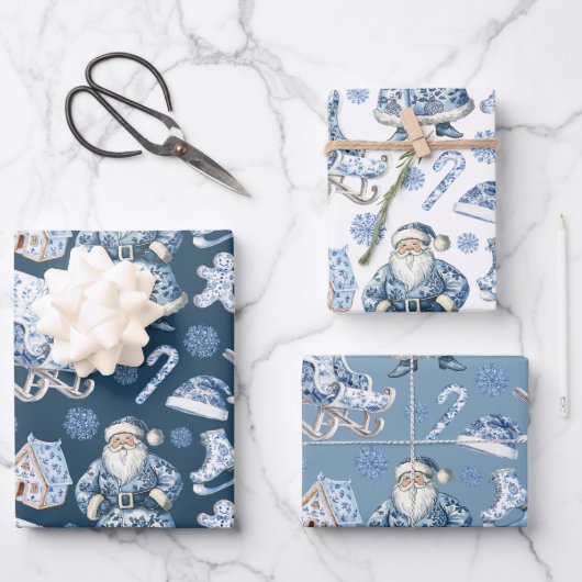 Blauw en wit Chinoiserie Kerstman Inpakpapier Vel (Voorkant)
