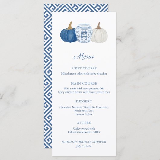 Blauw en wit Chinoiserie pompoenen bruiloft douche Menu (Voorkant / Achterkant)