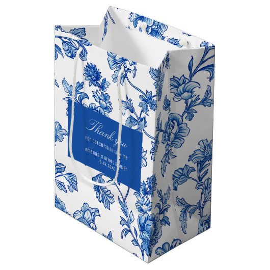 Blauw en wit Chinoiserie Roos Pioen Medium Cadeauzakje (Voorkant Gekanteld)