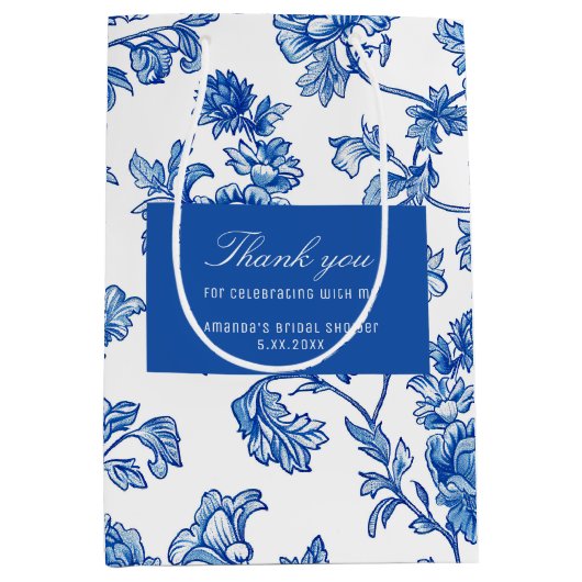 Blauw en wit Chinoiserie Roos Pioen Medium Cadeauzakje (Voorkant)