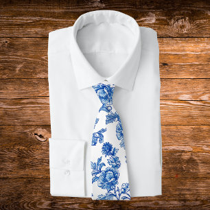 Blauw en wit chinoiserie roos pioenroos stropdas