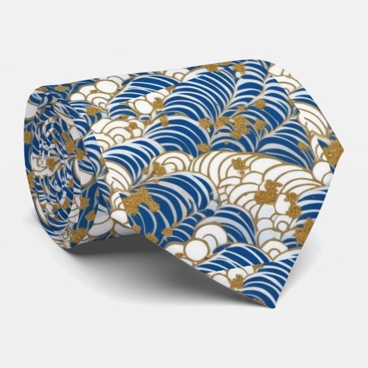 Blauw en Wit Chiyogami Wave patroon Stropdas (Opgerold)